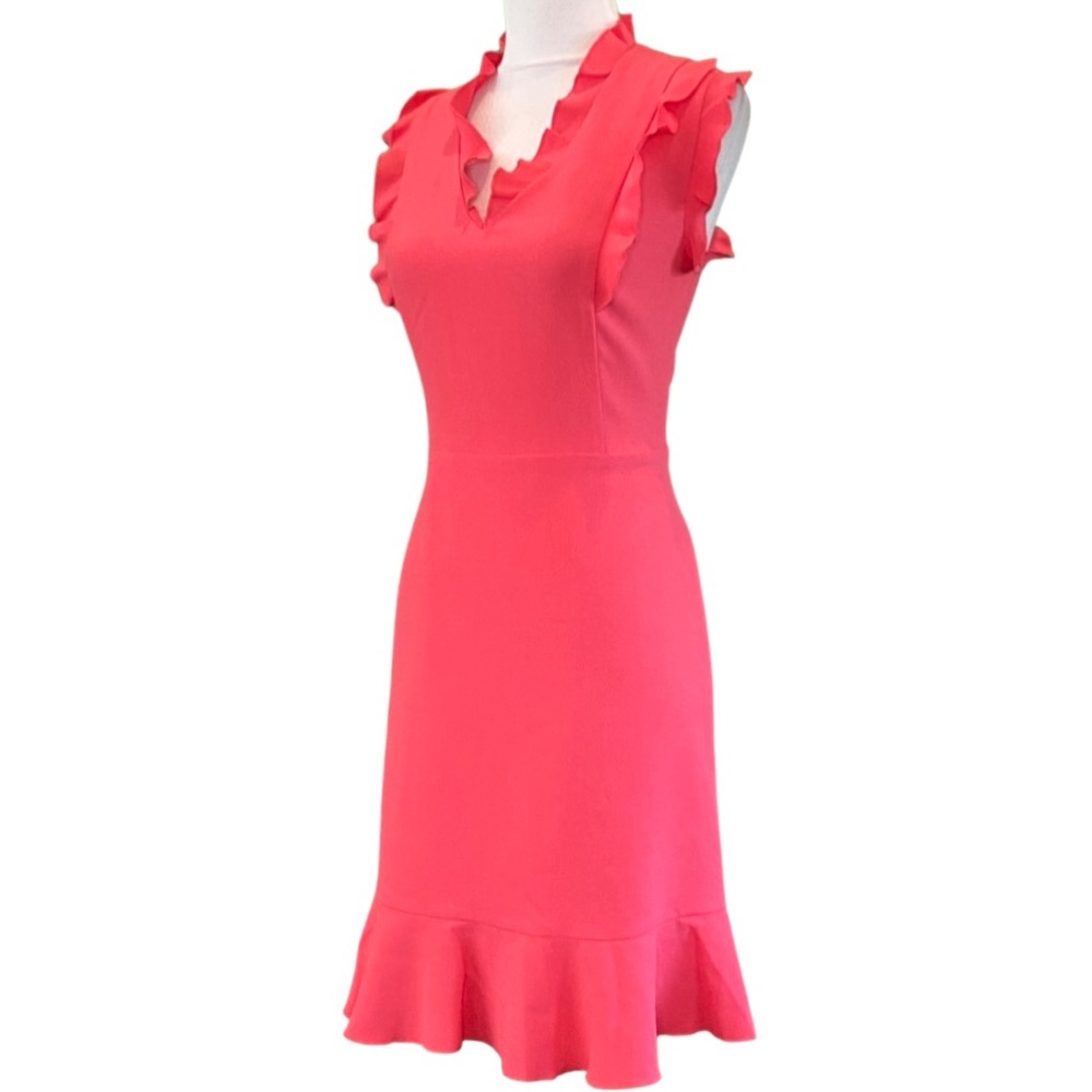 Karl Lagerfeld Ruffle Sleeveless V-Neck Flare Hem Strawberry Knit Dress Size 8 - Picture 2 of 6